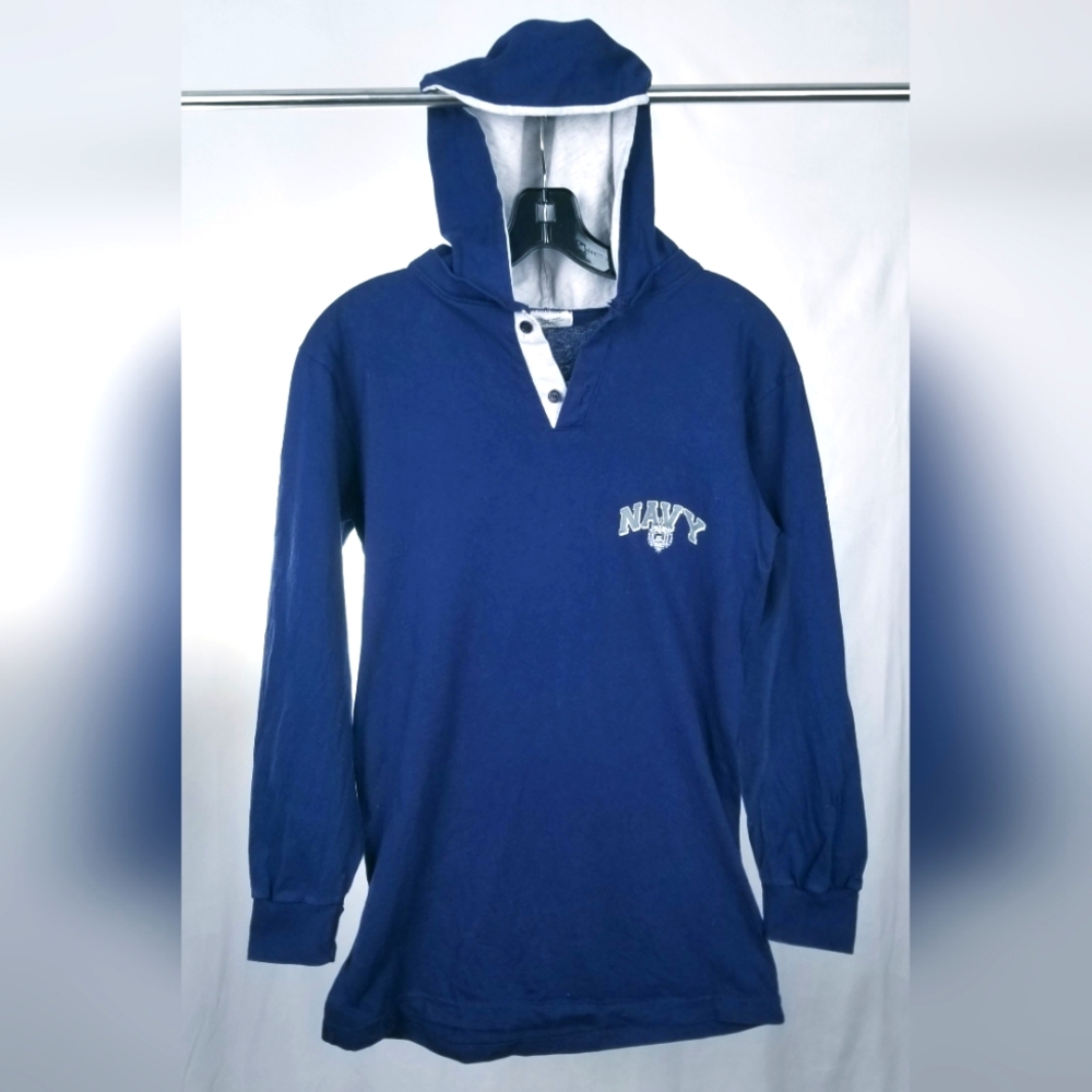Vintage 90s USNA U.S. Navy Long Sleeve Hoodie Tee Shirt Navy Blue & White Size S
